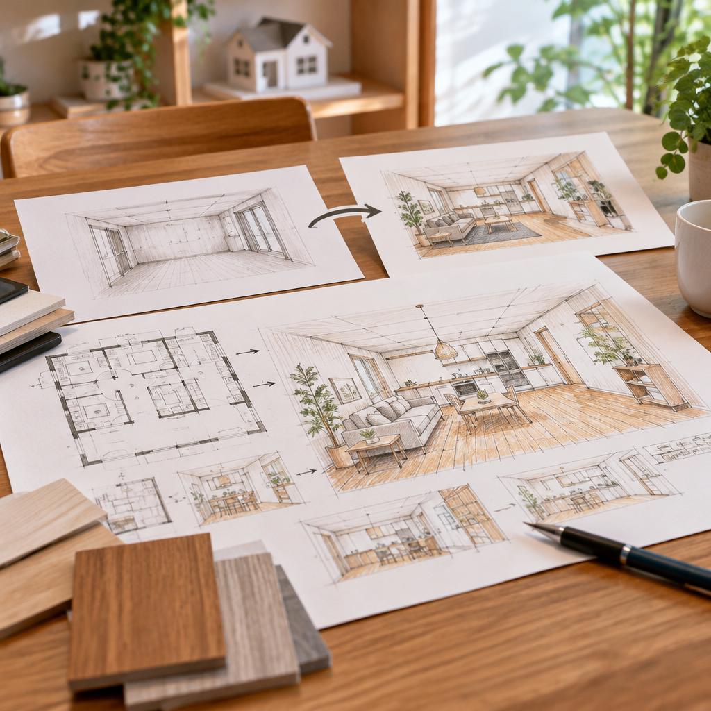完成後が見えるから安心。手描き図面で丁寧にご説明